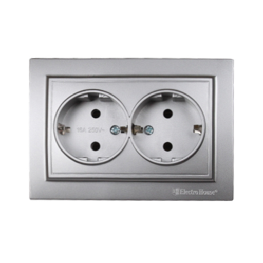 Розетка двойная с заземлением Термопластик 16 А {122} Серебряный камень