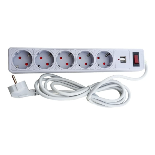 Сетевой фильтр 5 гнезд с заземлением, 3 м, 2USB, защитные шторки Серый