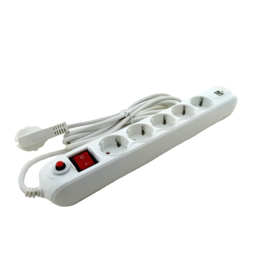 Удлинитель 5 гнезд с заземлением, 3 м, 2USB, с кнопкой перегрузки и выключателем Белый